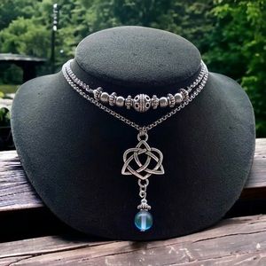 Celtic knot necklace . Double layer choker celtic heart knot & blue opalite bead